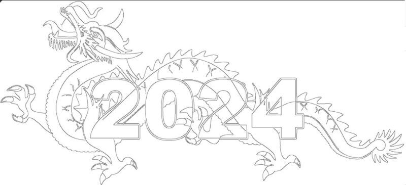 Шаблон дракона и новогодней елки для вырезания на окно из бумаги распечатать трафарет на окна новый год 2024 дракон цифры
